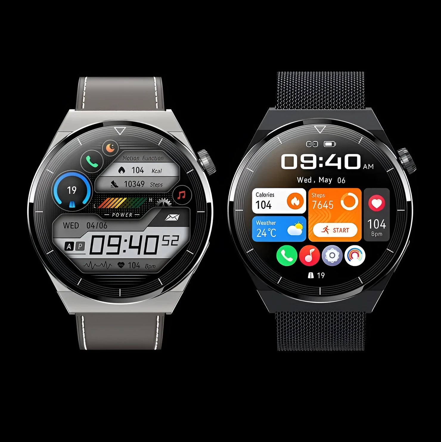Black and silver Android smart watch with circular screen, silicone band, showing Bluetooth call and NFC access control functions.