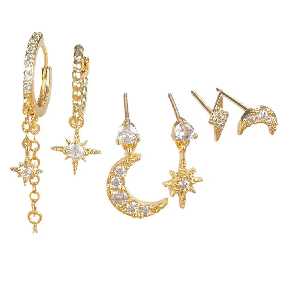 XINGX gold colour chain tassel earrings with zircon studs, six-piece jewellery set