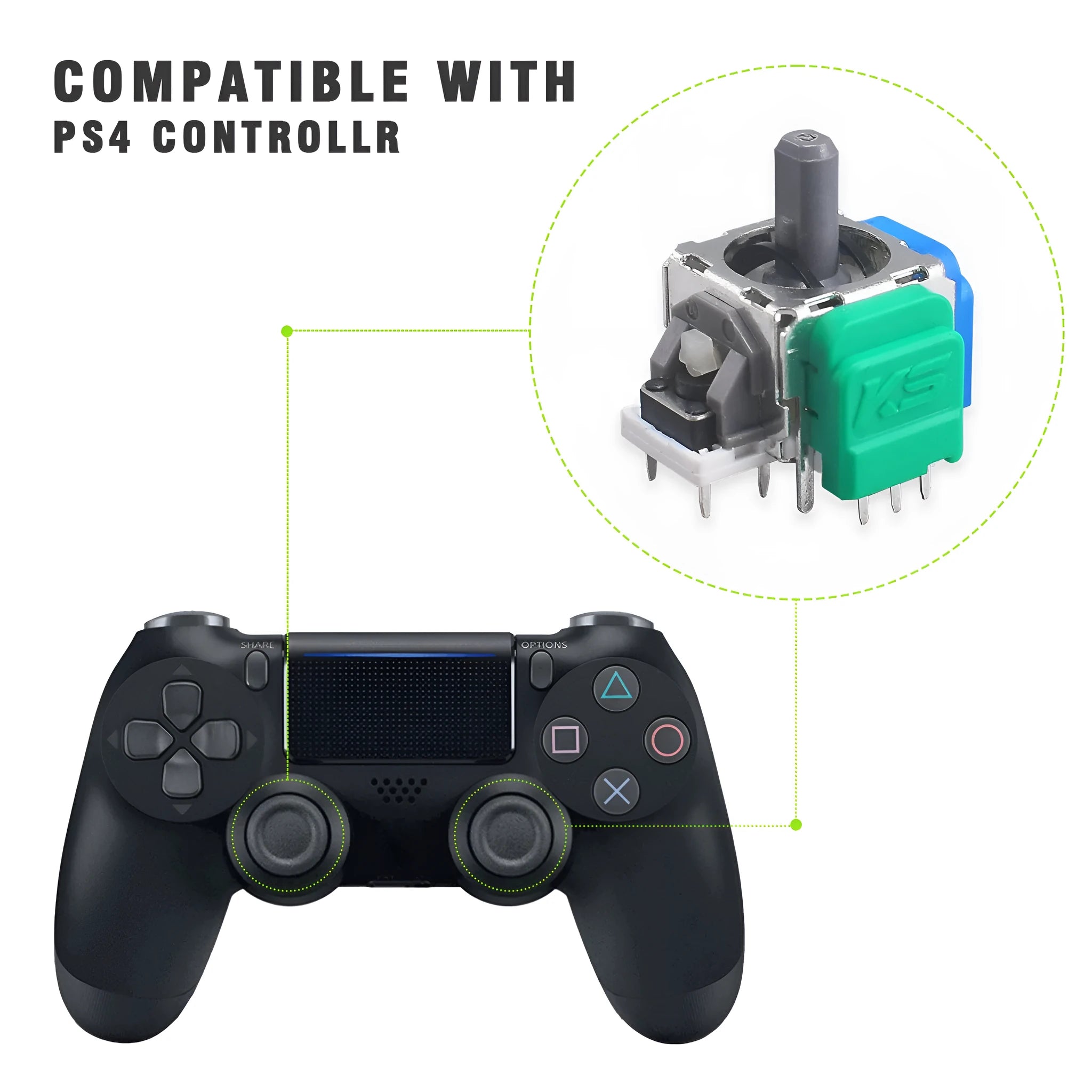 Black Hall effect magnetic joystick replacement module for gaming controllers.