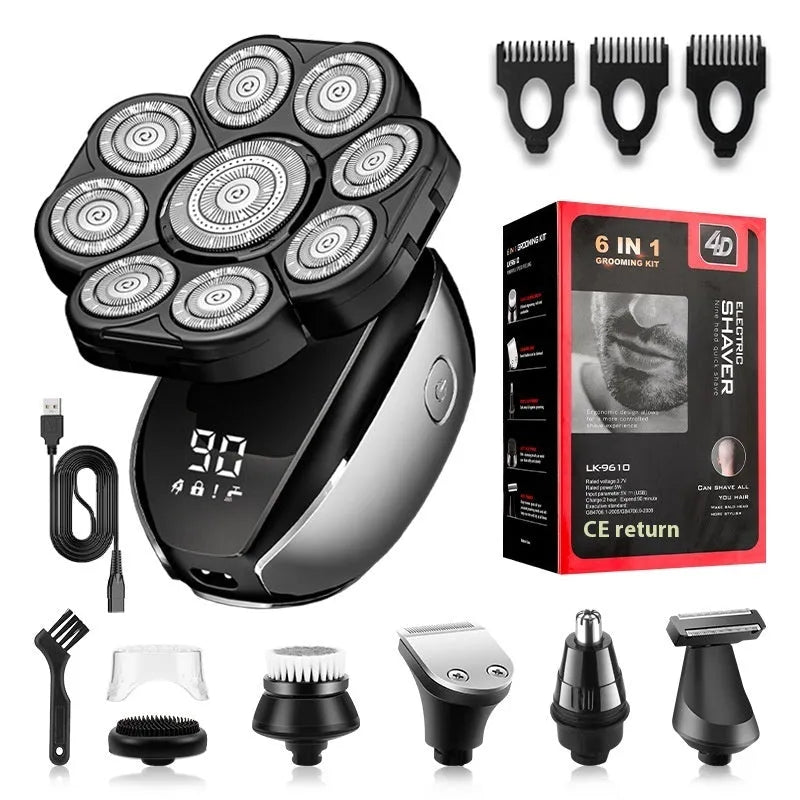 Black 6-in-1 rechargeable hair clippers shaver kit with multiple attachments on USB charging cable