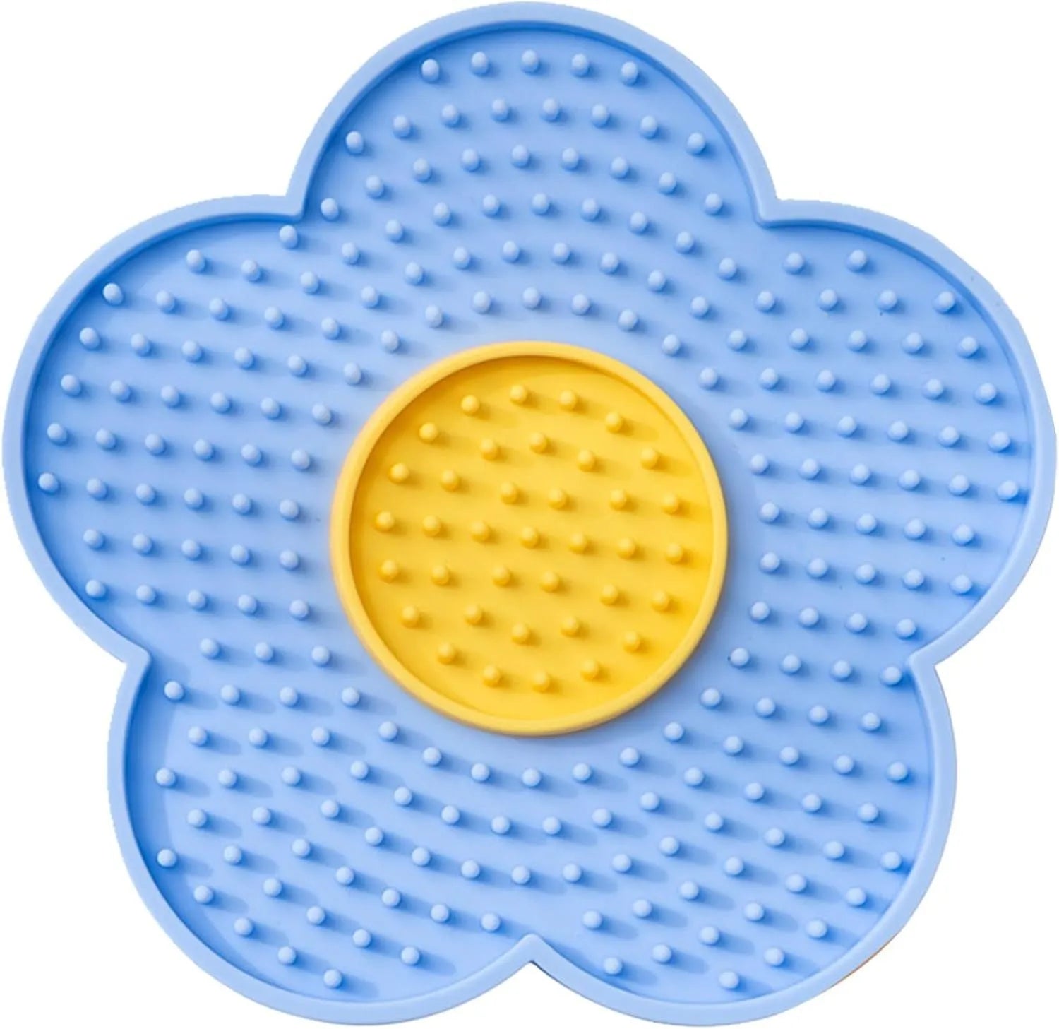 Flower-shaped silicone pet licking mat in blue with suction cups on the back, shown on a tiled surface.