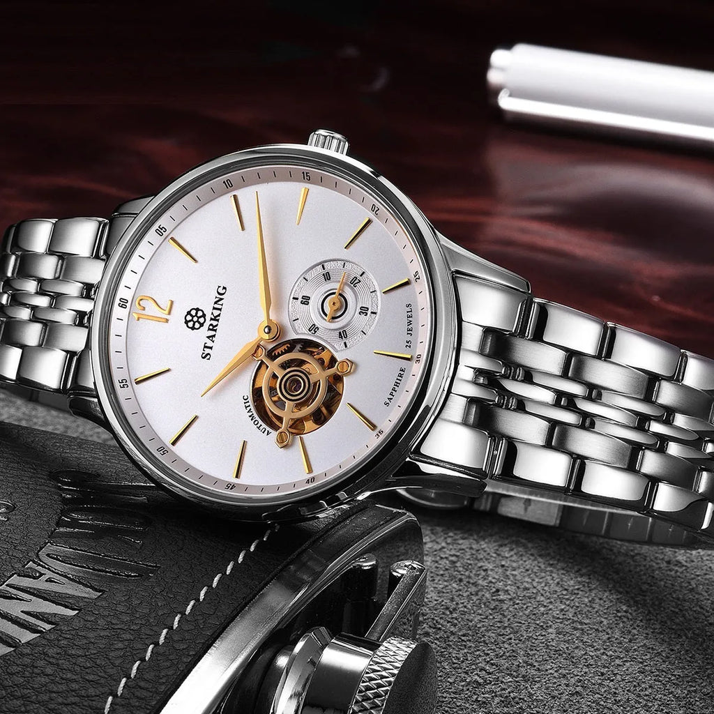 Automatic mechanical men's waterproof business watch with circular dial and stainless steel case