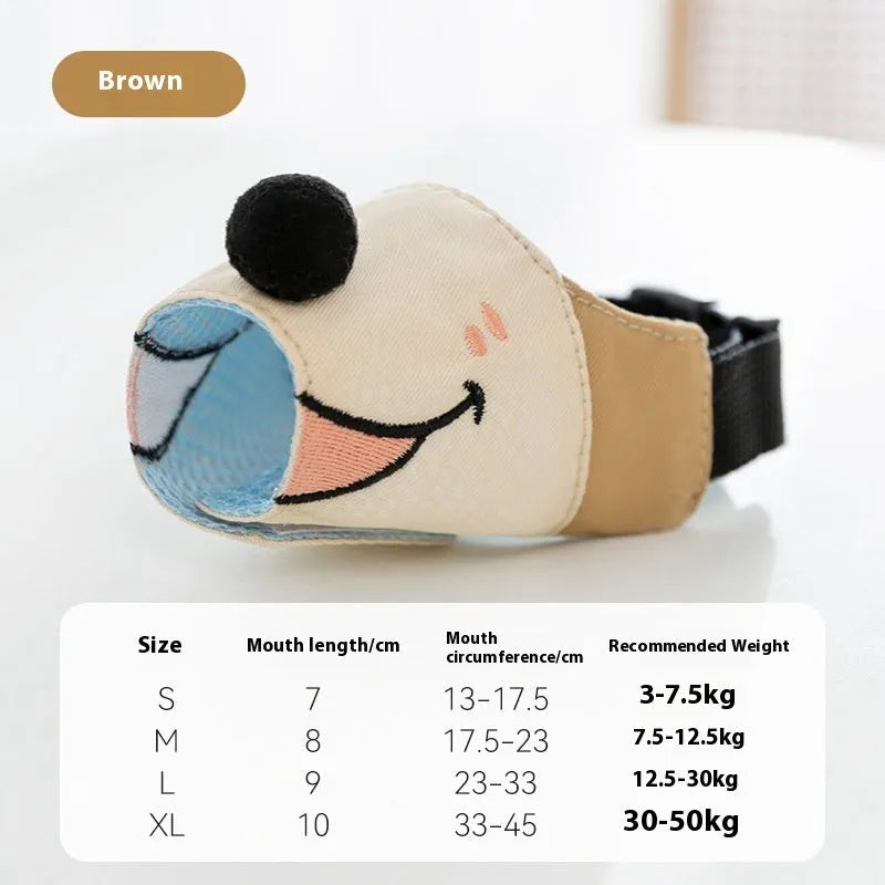 Canvas dog mouth cover muzzle in Bondi Blue Shark colour showing four available sizes