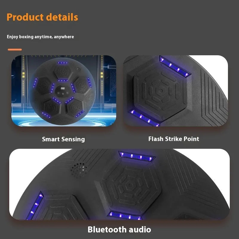 Smart music boxing reaction target hanging on wall with LED lights activated during training session