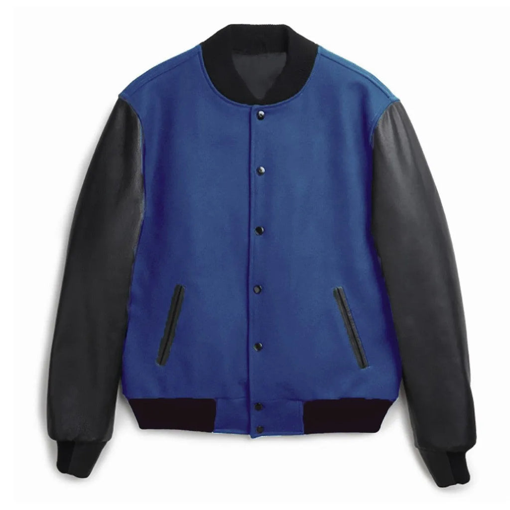 Men's PU leather sleeve spliced flight jacket in black with colour block pattern and side seam pockets
