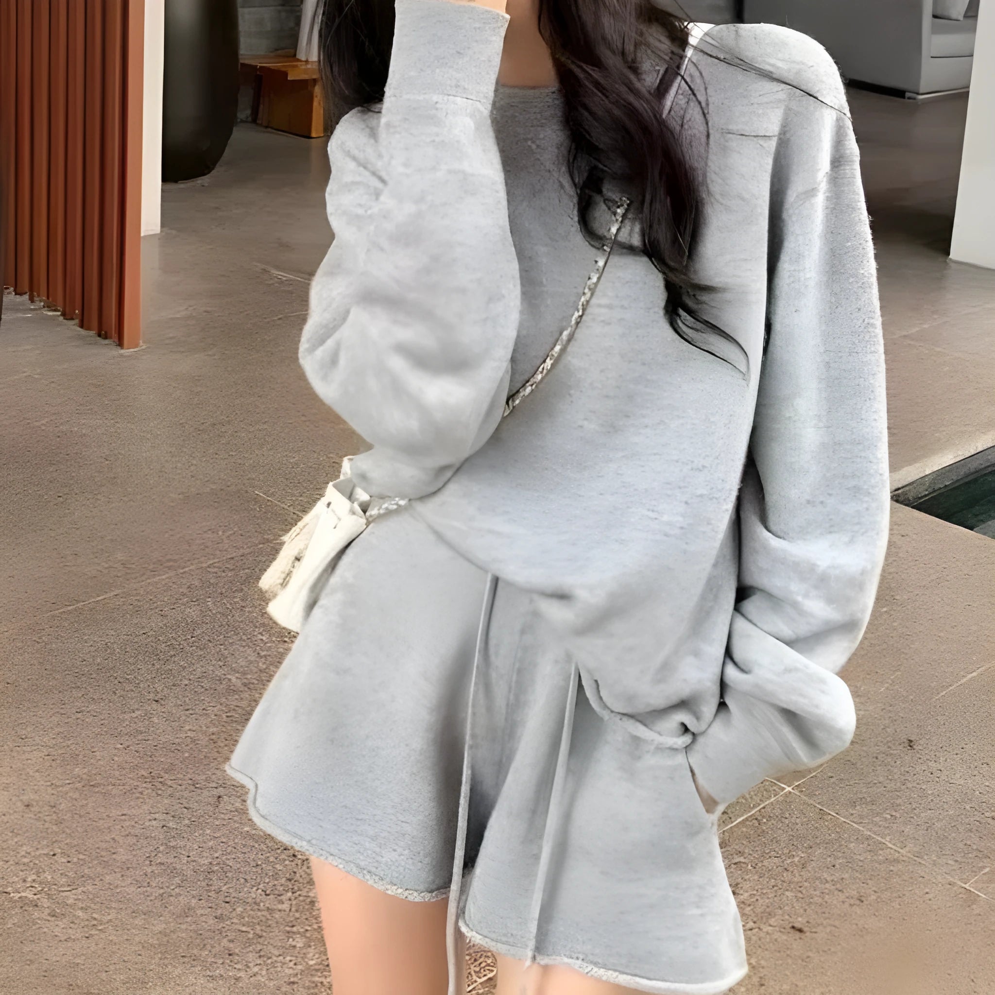 Loose-fitting long sleeve sweater and knitted wide leg fifth pants two-piece set in grey acrylic blend