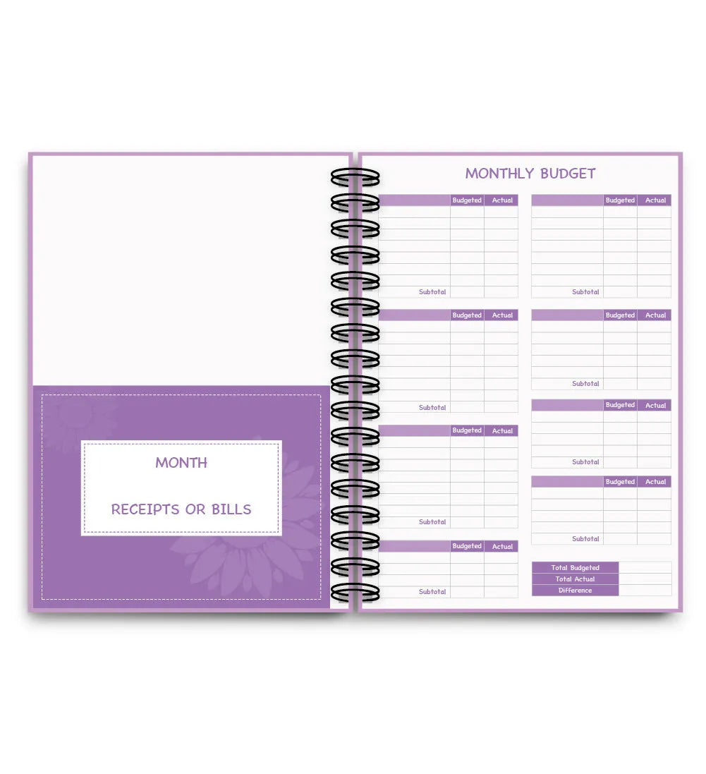 Purple coil-bound budget notebook with stickers for monthly financial planning showing Daolin paper pages