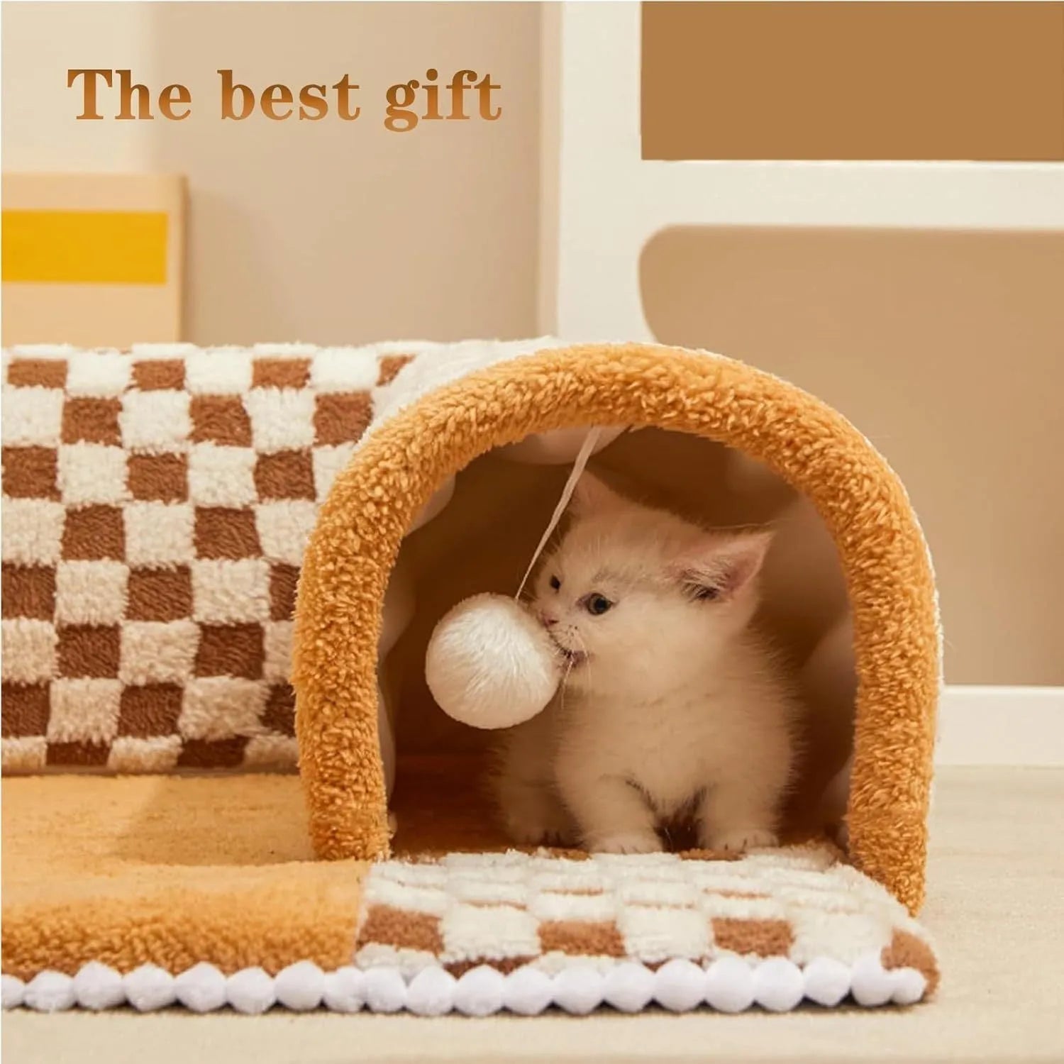 Brown and yellow plush plaid cat tunnel bed with central mat, shown in XL size for indoor cats.