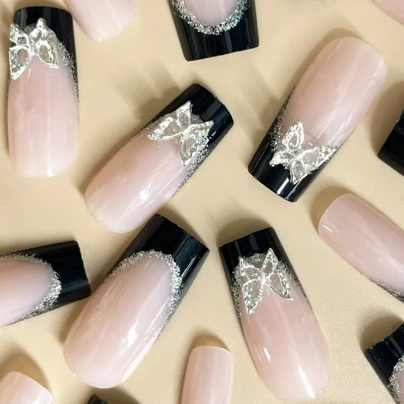 French style medium length artificial nails with butterfly glitter pattern BW50 false nails