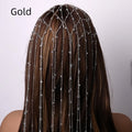 Gold electroplated mesh headband with clear rhinestones and dangling metallic tassels