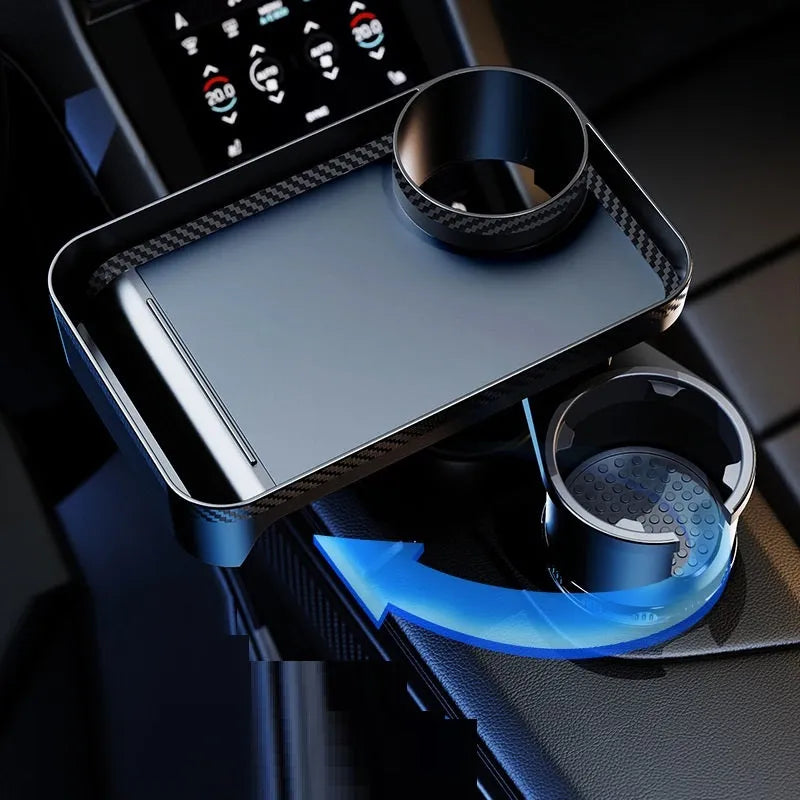 Black ABS car-mounted rotating tray with cup holder and dinner plate surface.