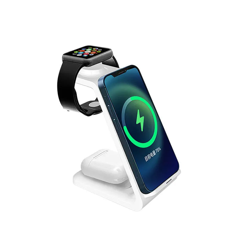 White upright wireless charging phone holder with dual coil technology and TYPE-C connection