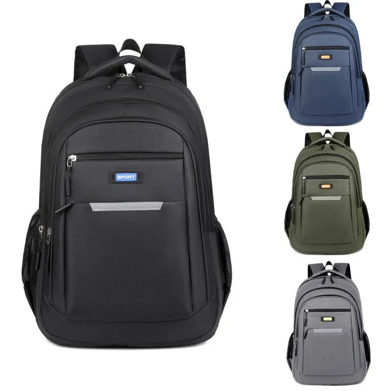 Men's casual Oxford cloth backpack in grey, shown alongside black, green, and blue colour options.