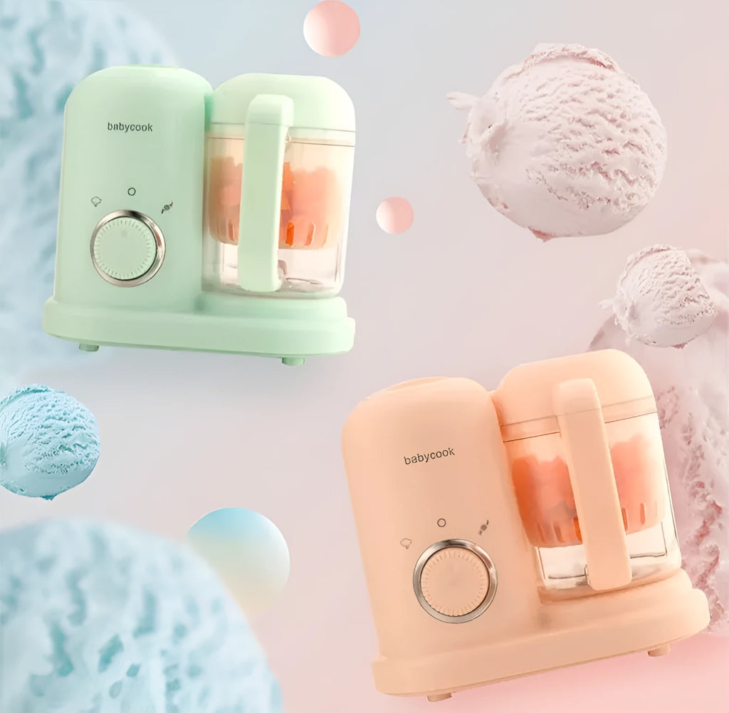 Baby food processor and steamer blender with dual mixing blades in green or pink colours