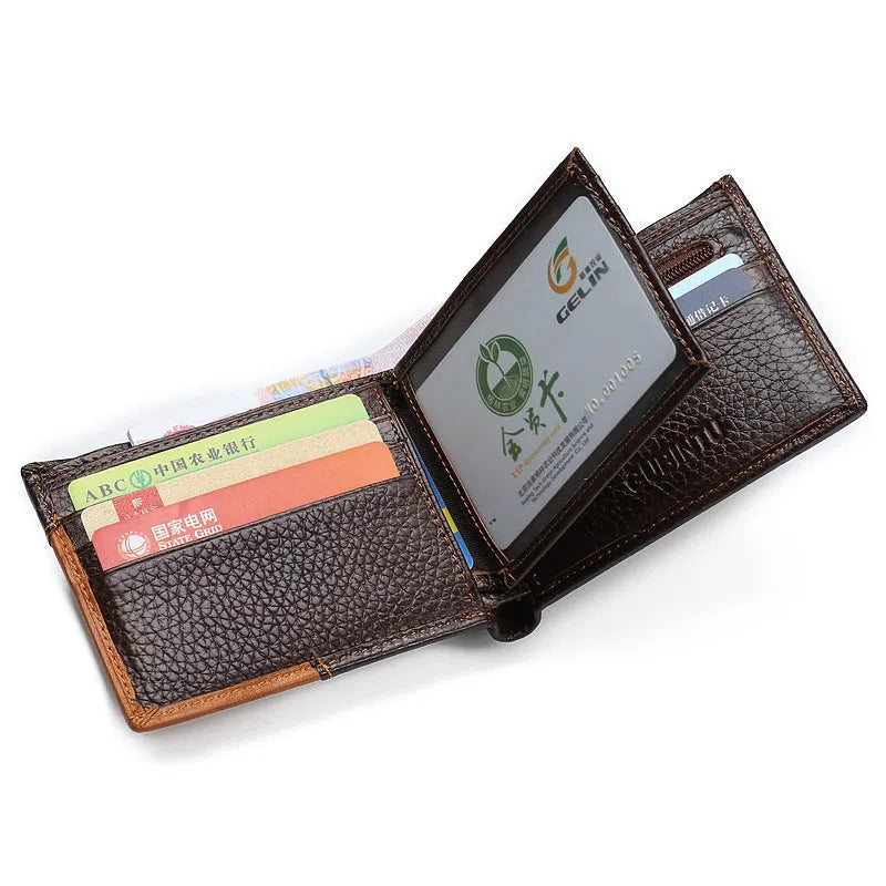 Soft cowhide leather men's wallet with decorative stitching, shown open to reveal card slots, a zipper compartment, and a bill holder.