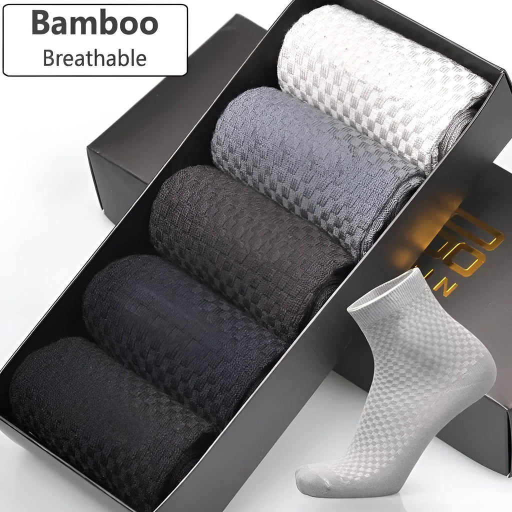 Men's bamboo fibre socks with small square pattern in black, grey, blue, and navy colours
