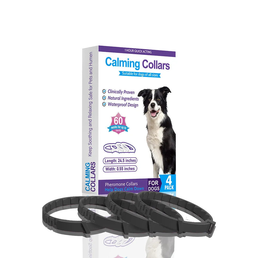 Set of four monochrome TPR dog anxiety soothing collars in Chinese style, 62cm length, available in black, blue, gray, orange, pink, and purple.