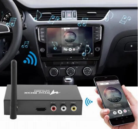Black car mirror link box with Wi-Fi AV conversion for smartphone and tablet car connectivity