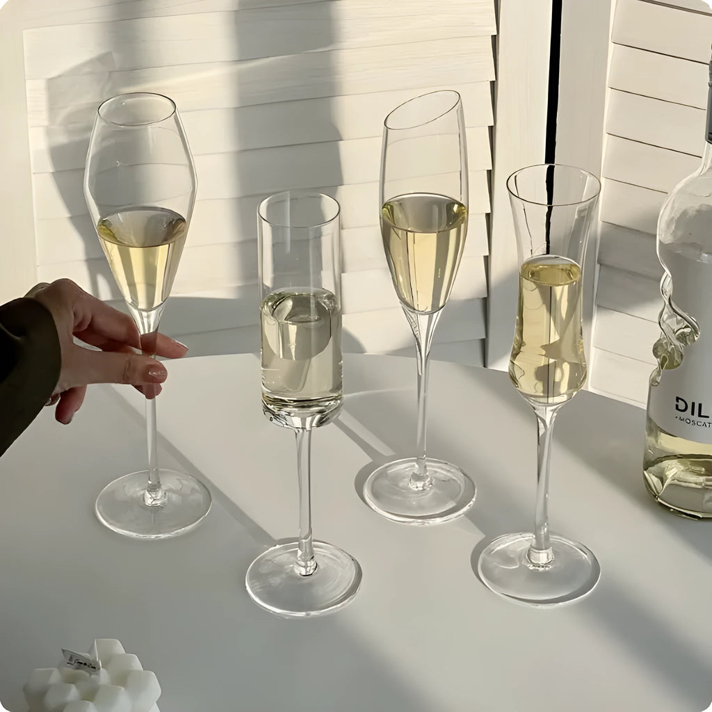 Clear crystal champagne goblet glass with tulip and flute options for wine and spirits