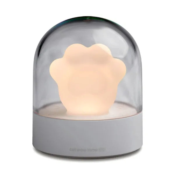 Grey cat paw shaped night light with USB charging cable and adjustable brightness controls