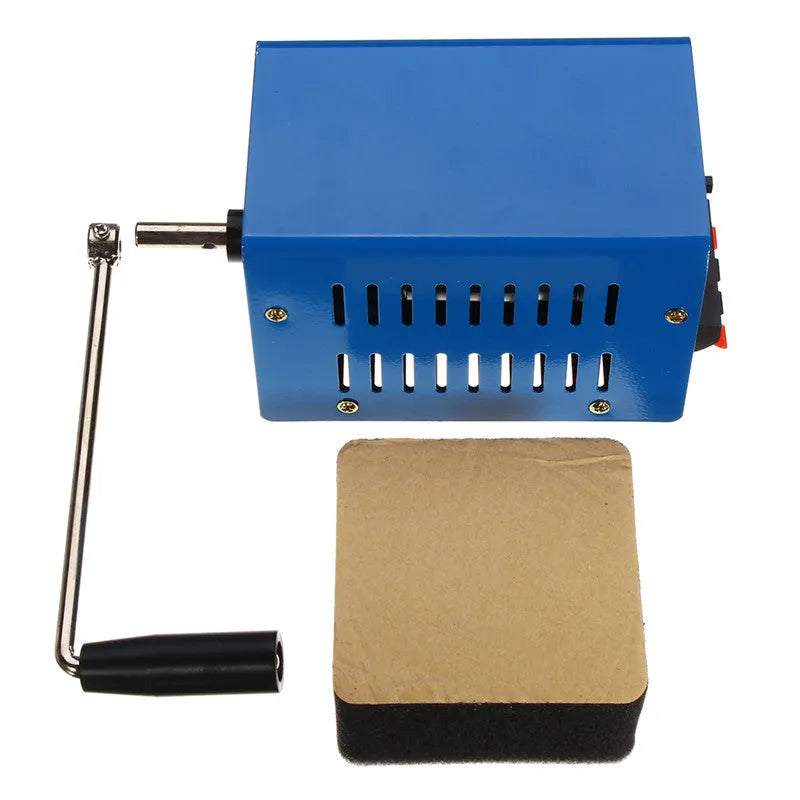 Blue metal USB hand crank emergency generator showing handle and output ports
