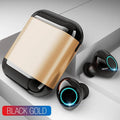 Black TWS Bluetooth wireless earplug earbuds with charging case on a grey background