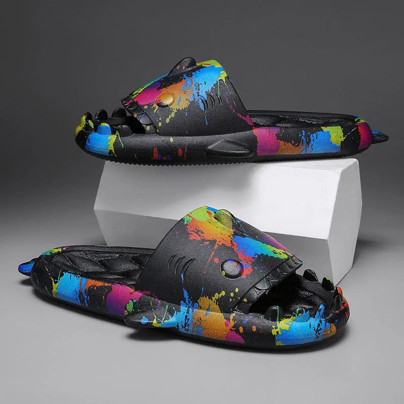 Shark design open-toe home slippers in EVA material on a white background.