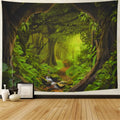 Large forest print tapestry with bohemian mandala patterns hanging on wall