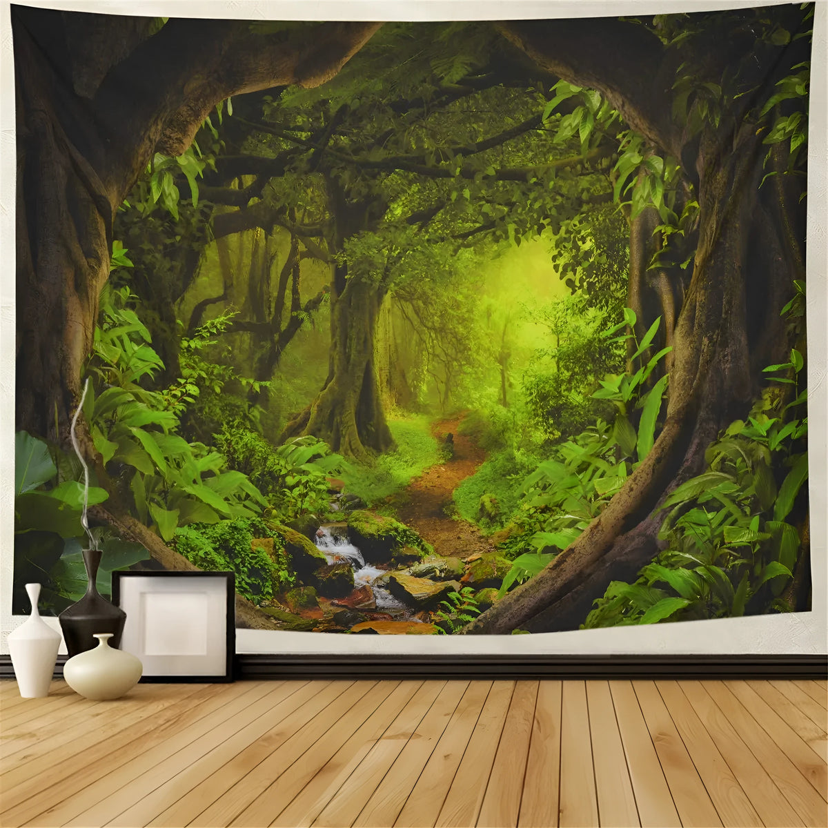 Large forest print tapestry with bohemian mandala patterns hanging on wall