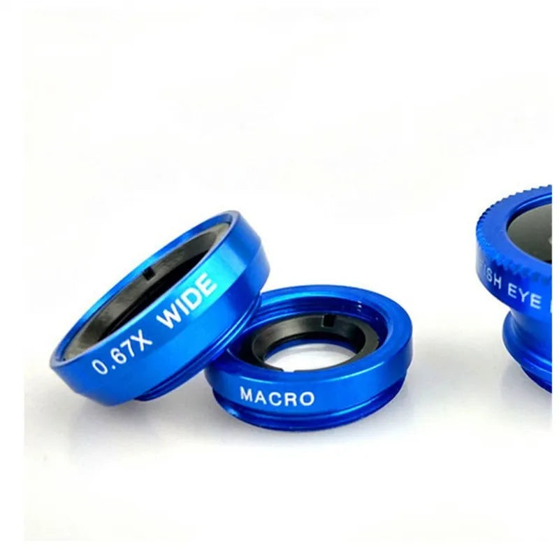 Black aluminium 3-in-1 smartphone lens kit with fisheye, wide angle and macro lenses and universal mounting clip