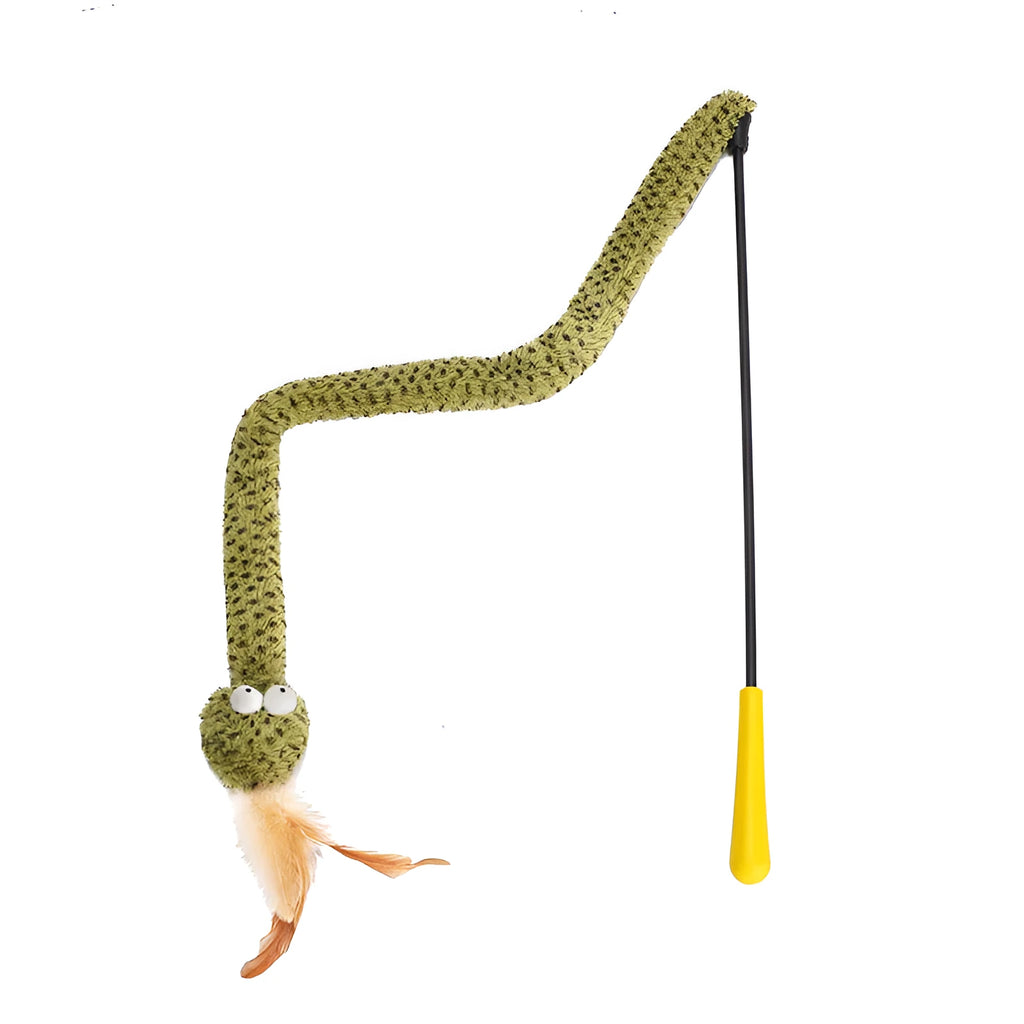 Green snake cat teasing stick toy with feather teaser on 140 cm pole