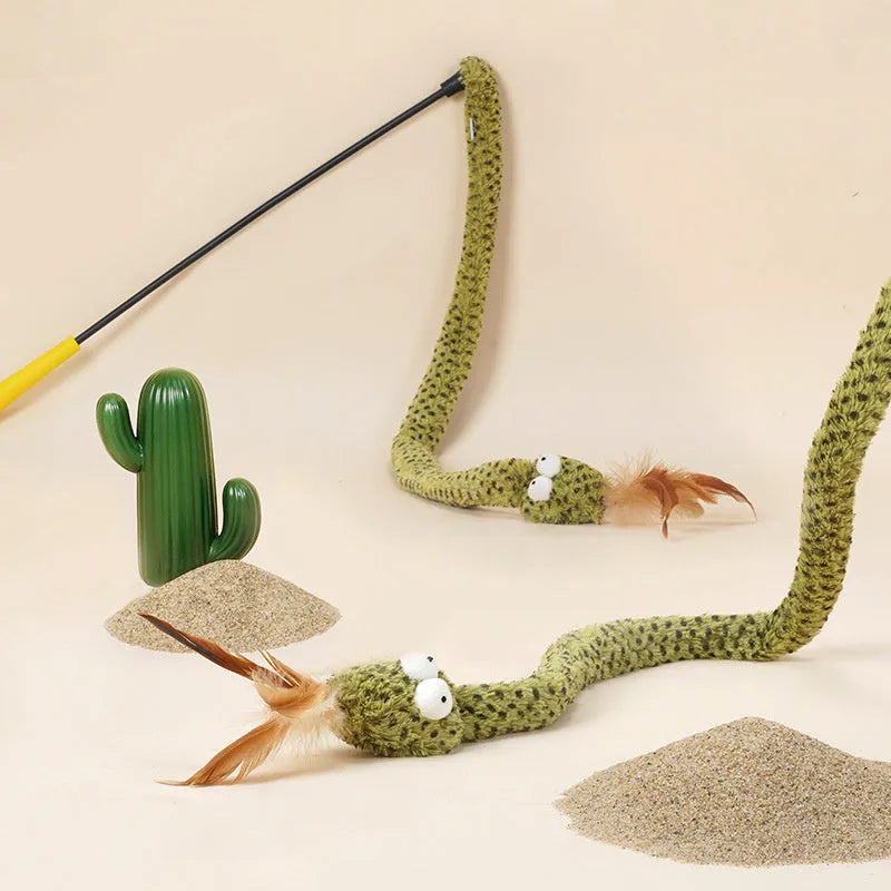 Green snake cat teasing stick toy with feather teaser on 140 cm pole