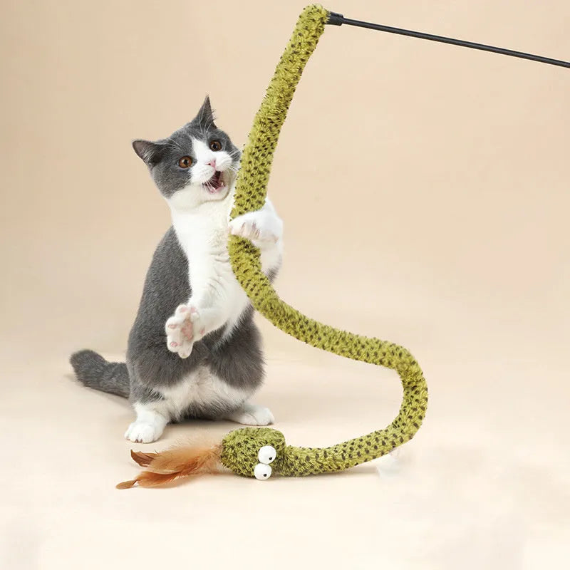 Green snake cat teasing stick toy with feather teaser on 140 cm pole
