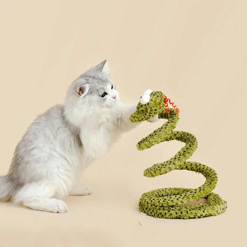 Green snake cat teasing stick toy with feather teaser on 140 cm pole
