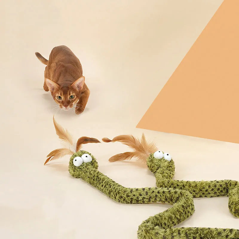 Green snake cat teasing stick toy with feather teaser on 140 cm pole