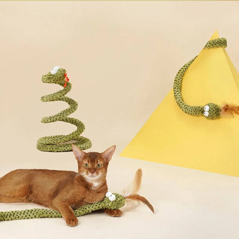 Green snake cat teasing stick toy with feather teaser on 140 cm pole