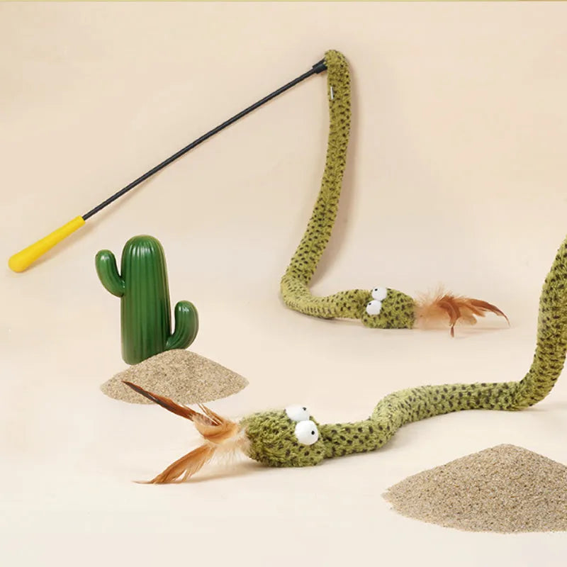 Green snake cat teasing stick toy with feather teaser on 140 cm pole