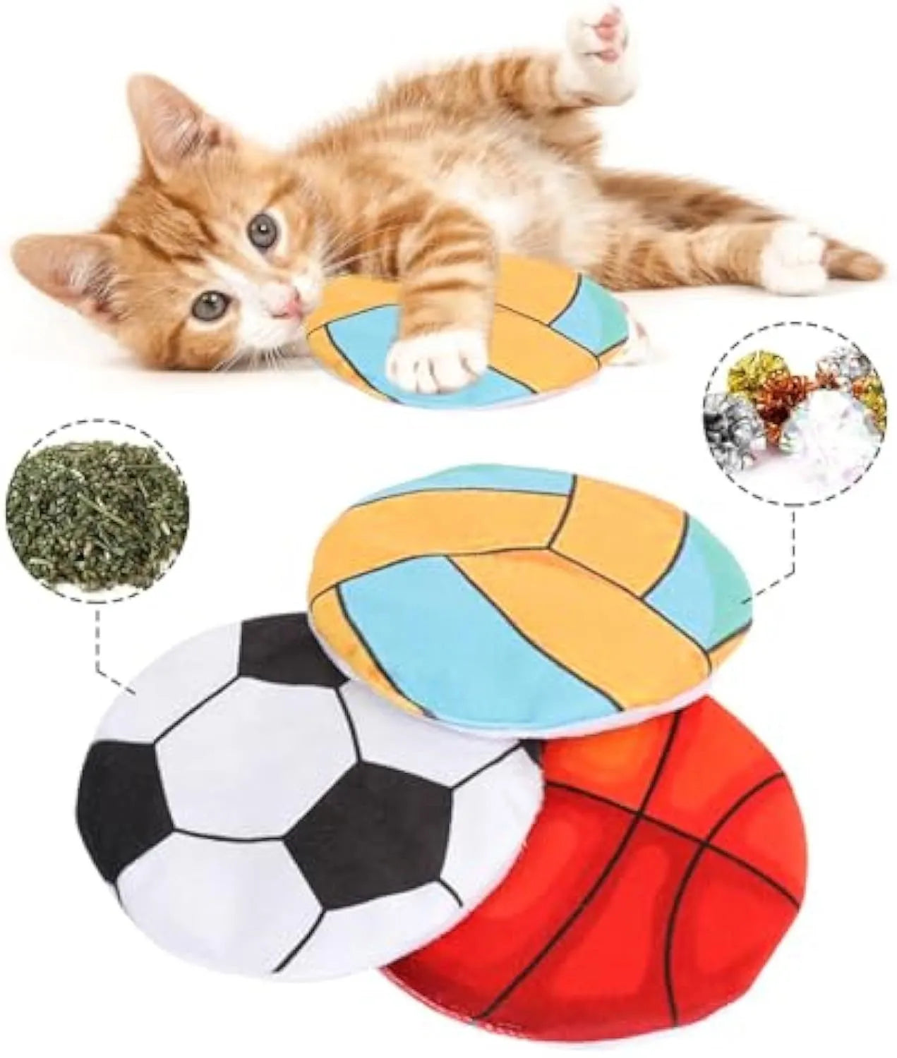 Soft plush cat flying disc toy with sports ball pattern, containing catnip and crinkle sound.