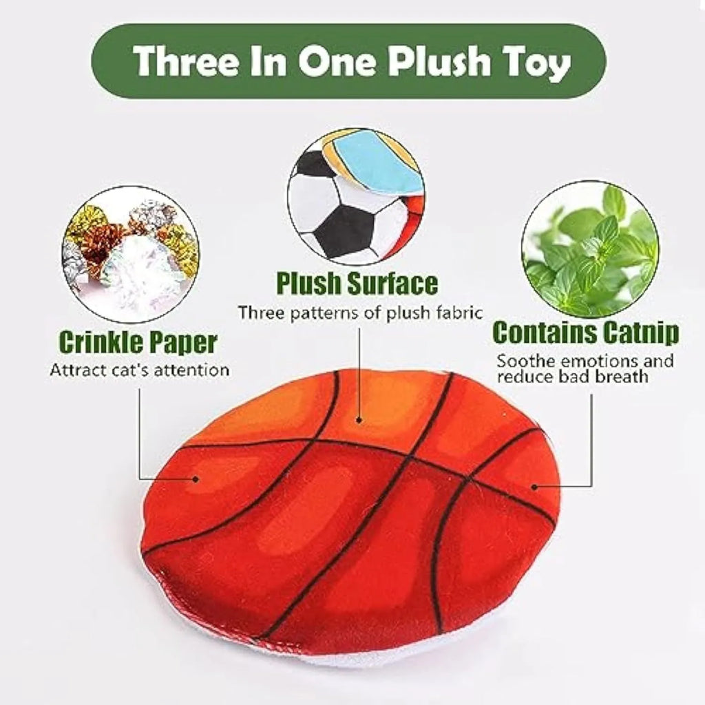Soft plush cat flying disc toy with sports ball pattern, containing catnip and crinkle sound.