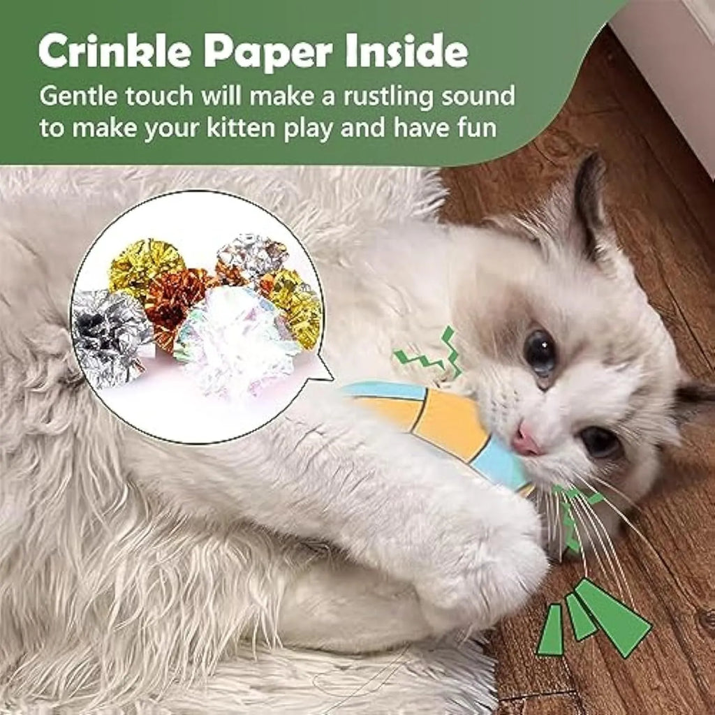 Soft plush cat flying disc toy with sports ball pattern, containing catnip and crinkle sound.