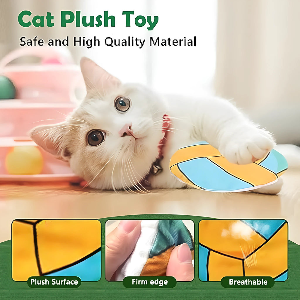 Soft plush cat flying disc toy with sports ball pattern, containing catnip and crinkle sound.
