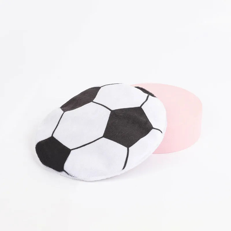 Soft plush cat flying disc toy with sports ball pattern, containing catnip and crinkle sound.