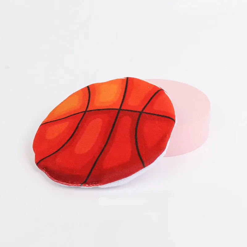 Soft plush cat flying disc toy with sports ball pattern, containing catnip and crinkle sound.