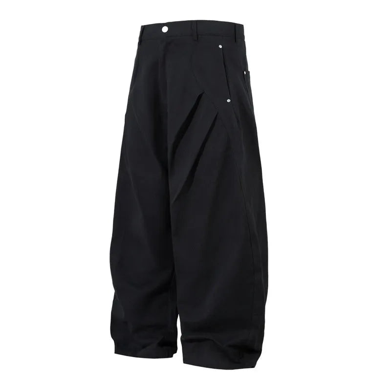 Men's black pleated machete casual trousers with wide-leg loose fit and cotton fabric