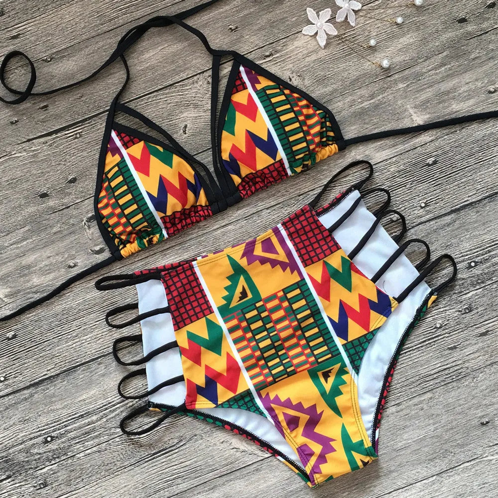Women's high waist split bikini swimsuit with digital print pattern and backless top in polyester blend fabric