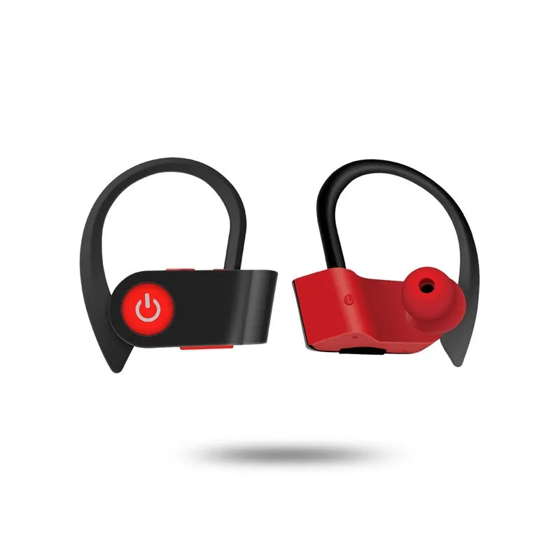 Black wireless Bluetooth earphones with ergonomic design shown with a charging case.