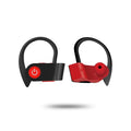 Black wireless Bluetooth earphones with ergonomic design shown with a charging case.