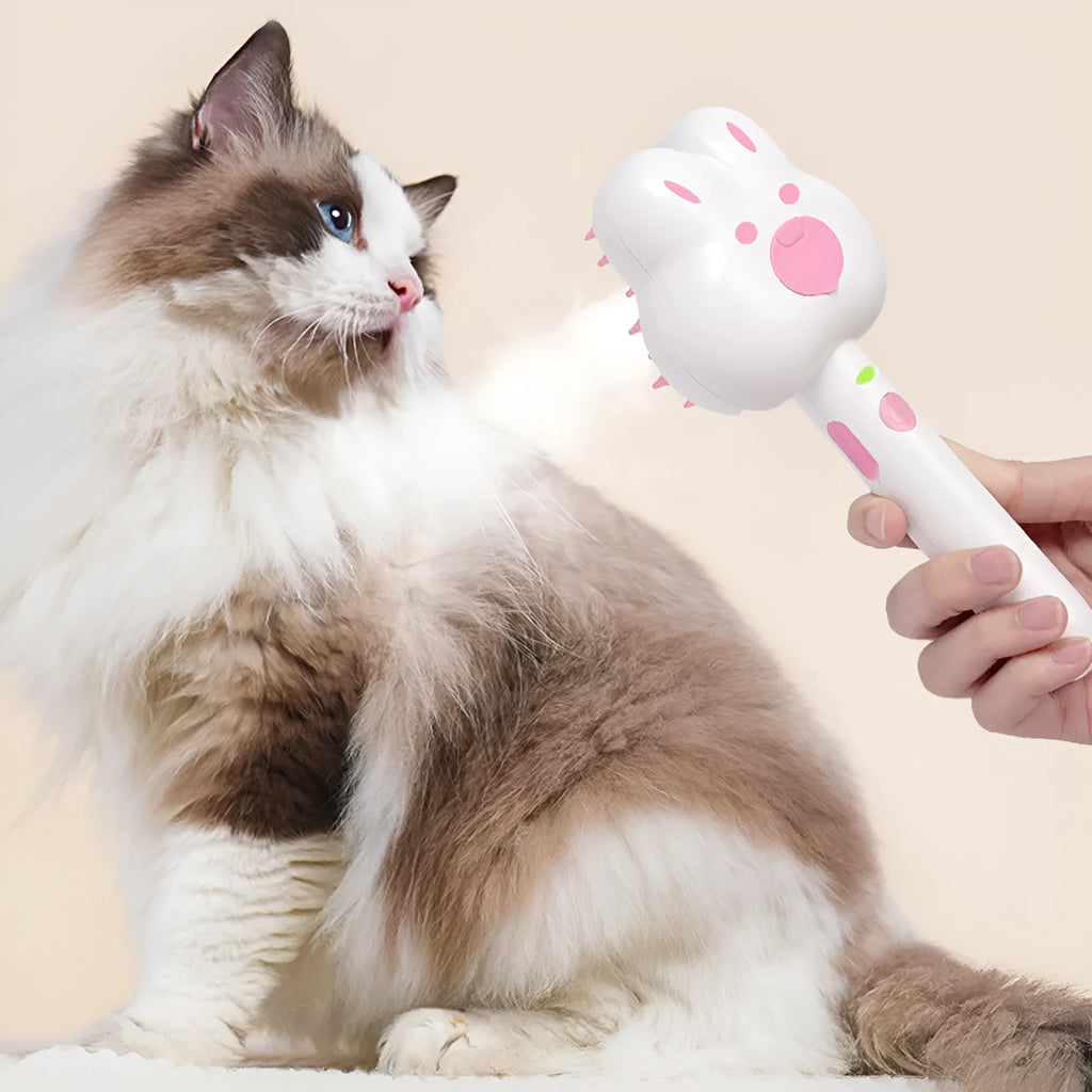 Rechargeable cat steam brush grooming tool with cartoon design in green, pink, or white colours
