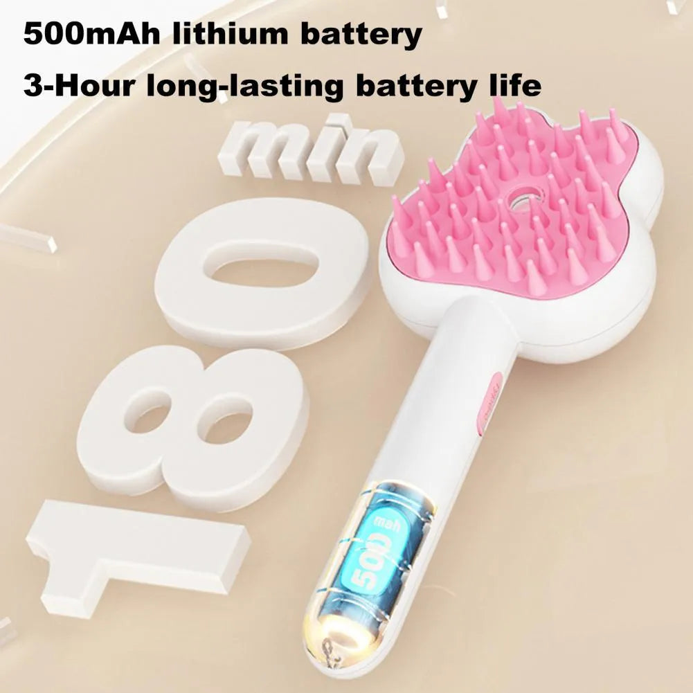 Rechargeable cat steam brush grooming tool with cartoon design in green, pink, or white colours