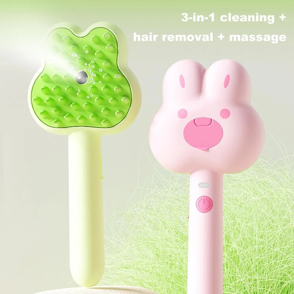 Rechargeable cat steam brush grooming tool with cartoon design in green, pink, or white colours